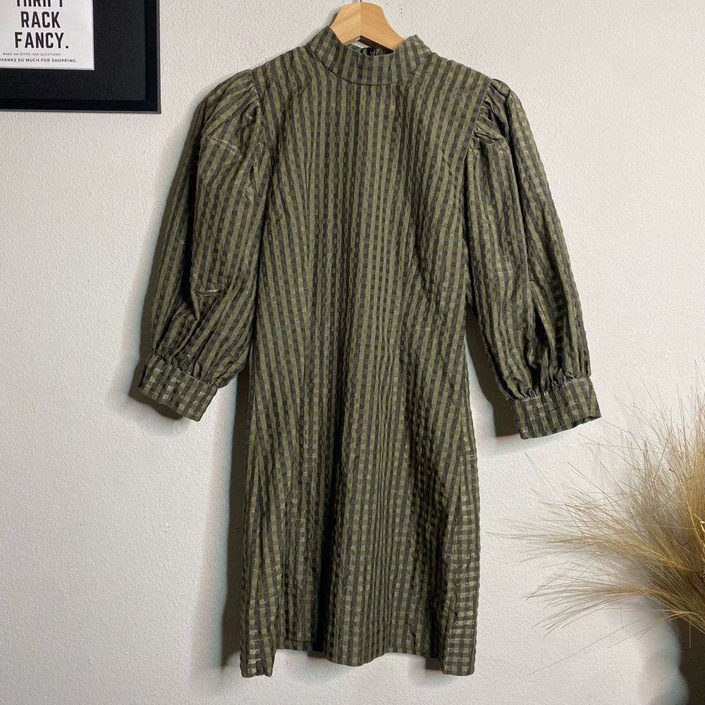 GANNI Dress Seersucker Gingham Mini Dress Green Size 34 - Picture 2 of 11